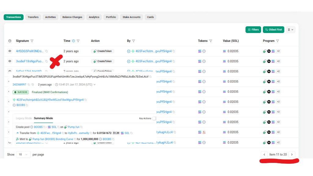 Solscan account history sorted oldest first, highlighting the BOOBS Create token transaction.